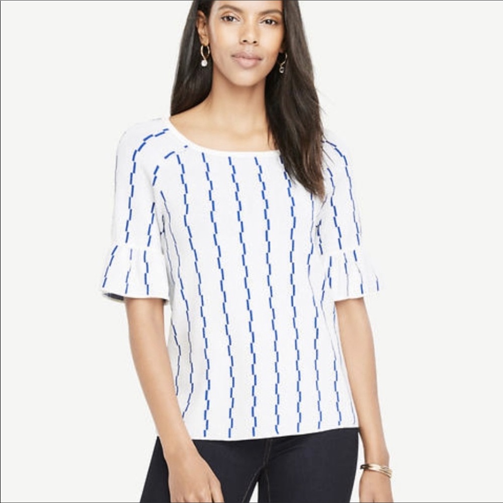Ann Taylor Women’s Stepped Stripe Ruffle Sleeve White and Blue Top XS